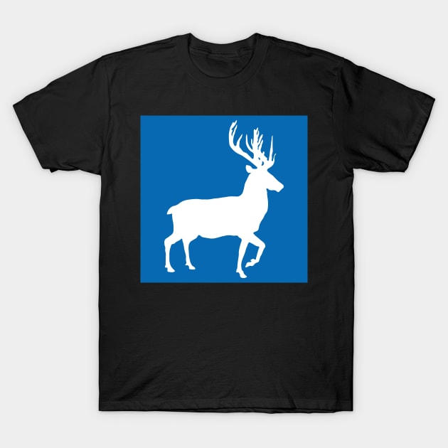 White Coloured Scottish Stag Silhouette on Saltire Blue Background T-Shirt by MacPean